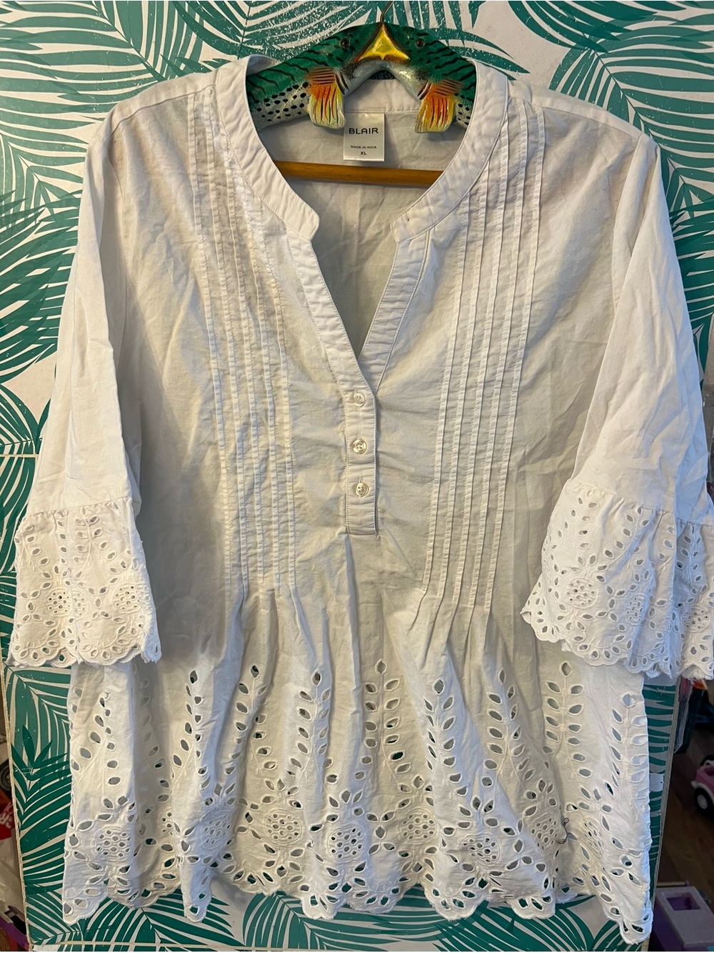 Blair White Eyelet Cotton Peasant Tunic w/ pintuck pleats scalloped hem Sz XL